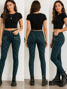 Skinny Pants REWIND Plaid Green & Navy Vintage Retro Y2K Zip Pocket Stretch